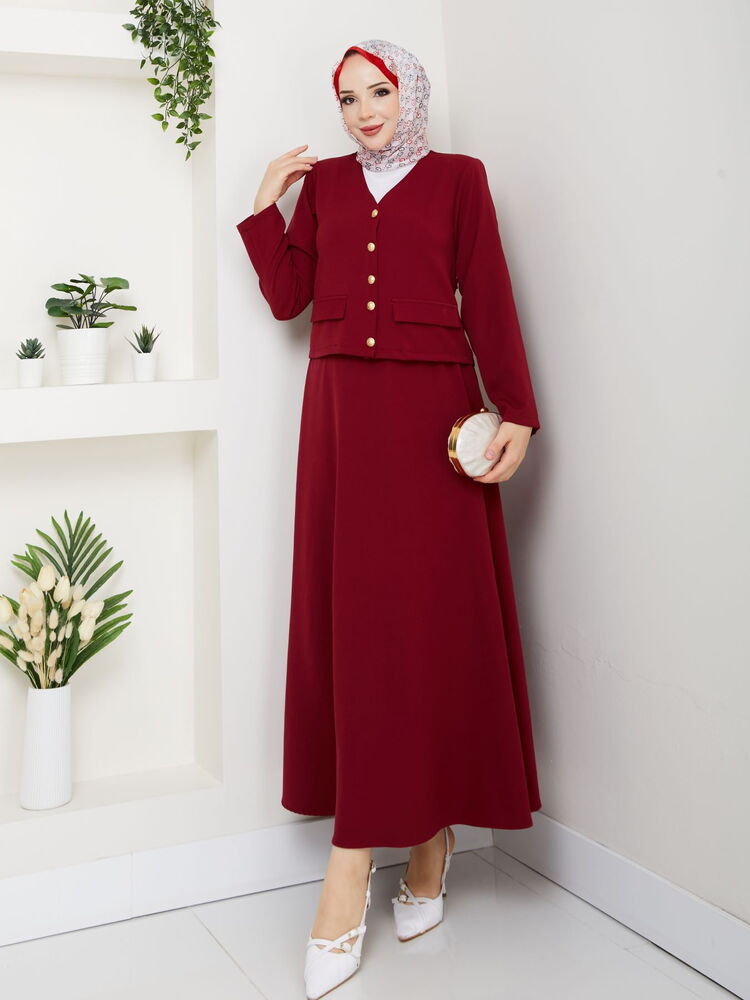 V Yaka Etekli Takım Bordo