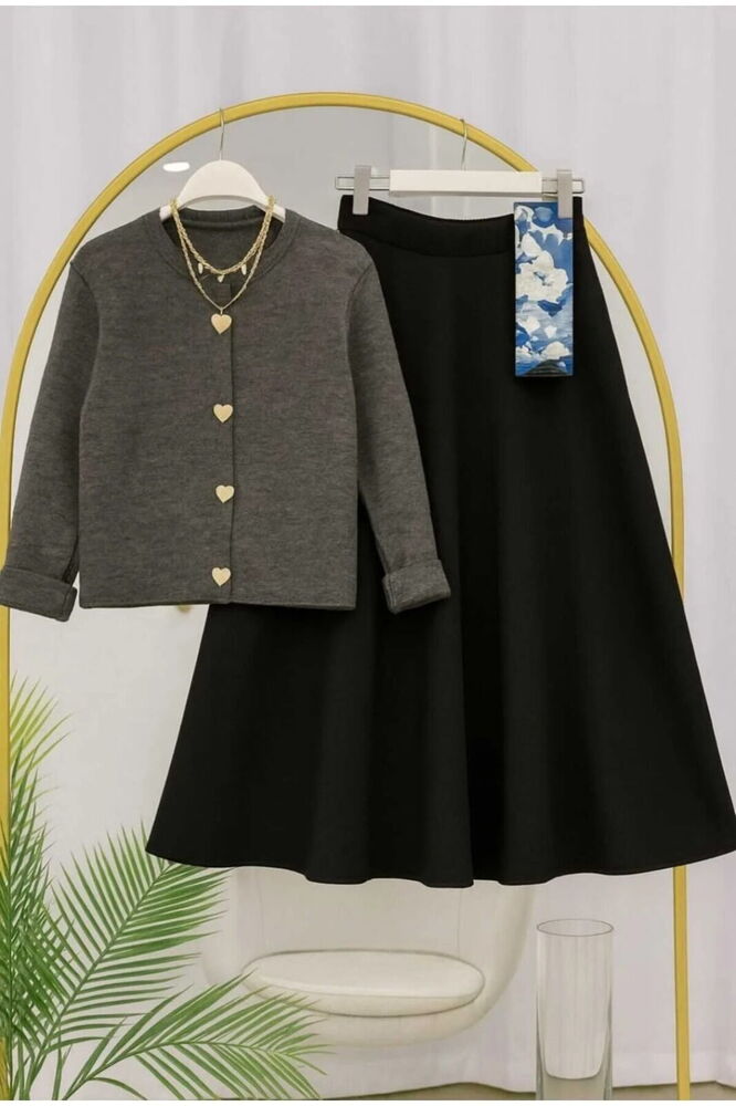 Kalp Düğmeli Scuba Etekli Takım Gri&Siyah