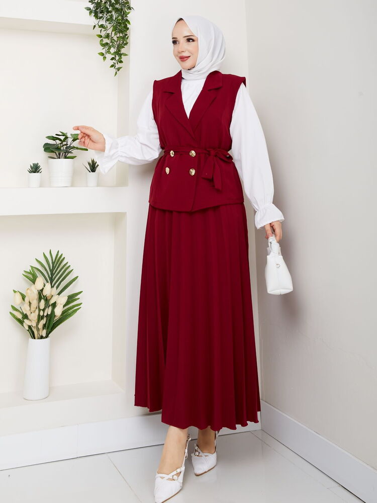 Üçlü Yelekli Etekli Takım Bordo