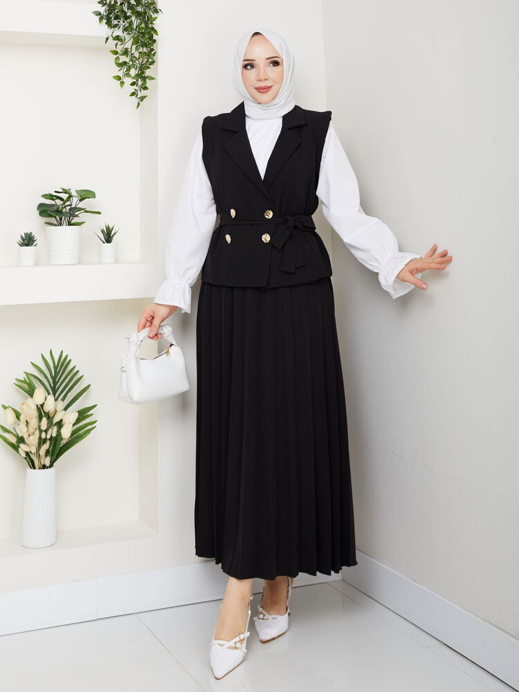 Üçlü Yelekli Etekli Takım Siyah