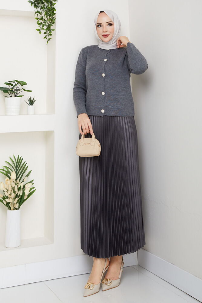 Önü Düğmeli Triko Etek Takım Gri