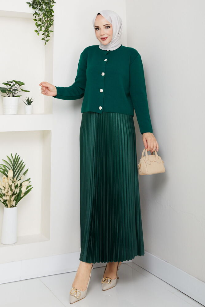 Önü Düğmeli Triko Etek Takım Zümrüt
