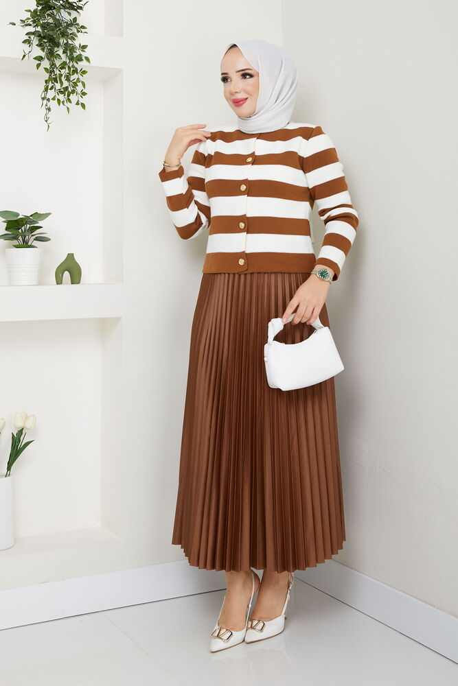 Çizgili Hırkalı Etekli Kombin Taba