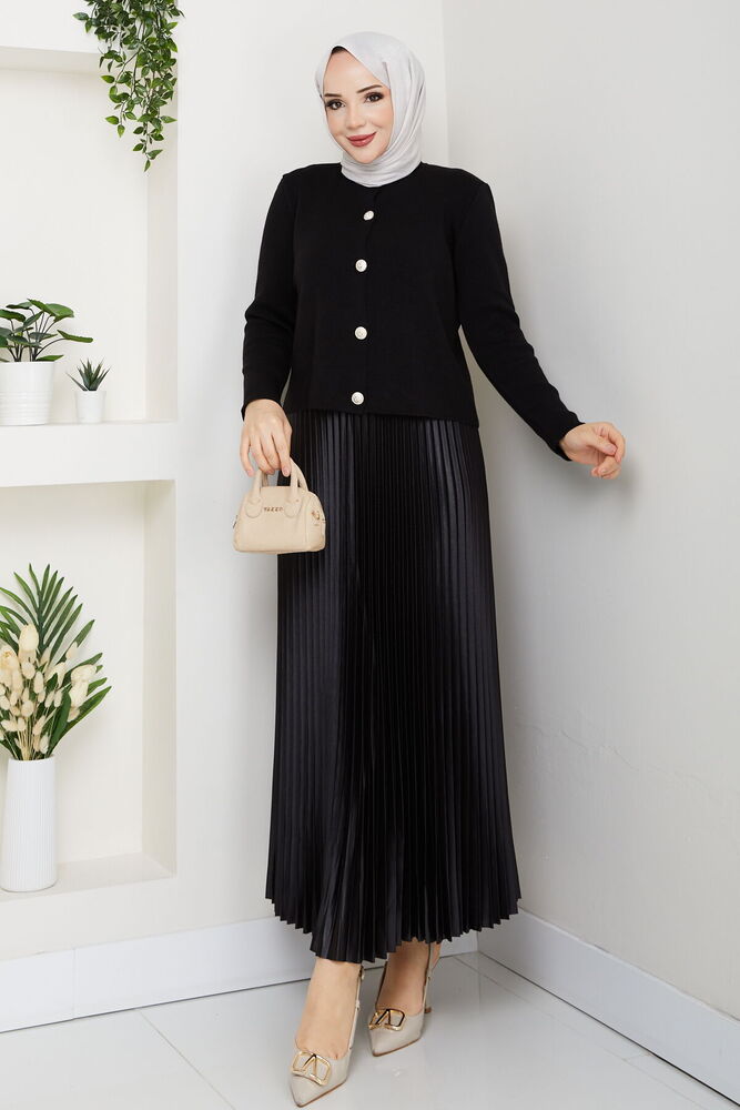 Önü Düğmeli Triko Etek Takım Siyah