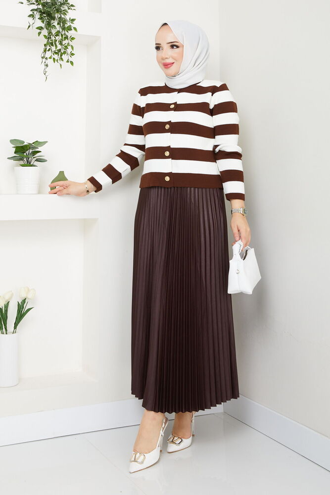 Çizgili Hırkalı Etekli Kombin Kahve