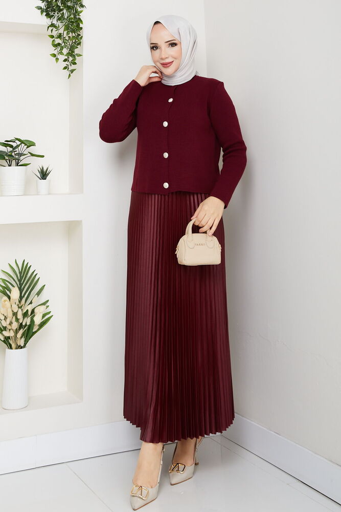 Önü Düğmeli Triko Etek Takım Bordo