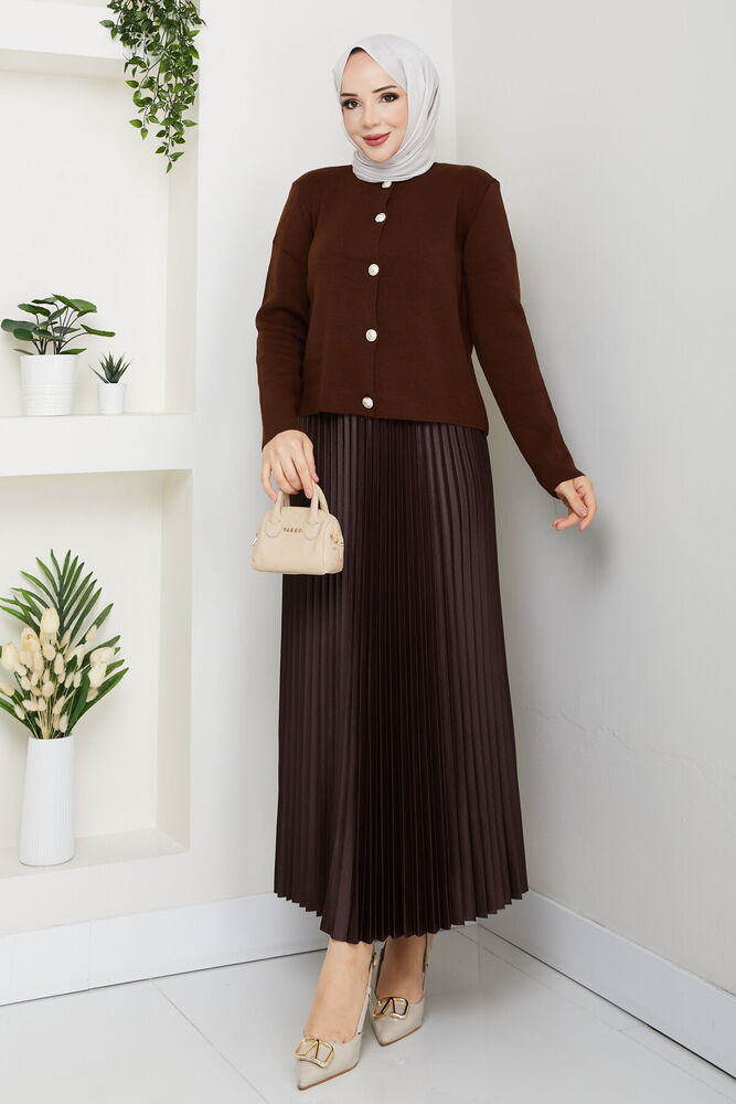Önü Düğmeli Triko Etek Takım Kahve