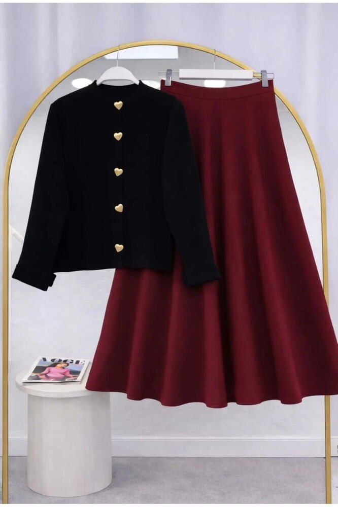 Kalp Düğmeli Scuba Etekli Takım Siyah&Bordo
