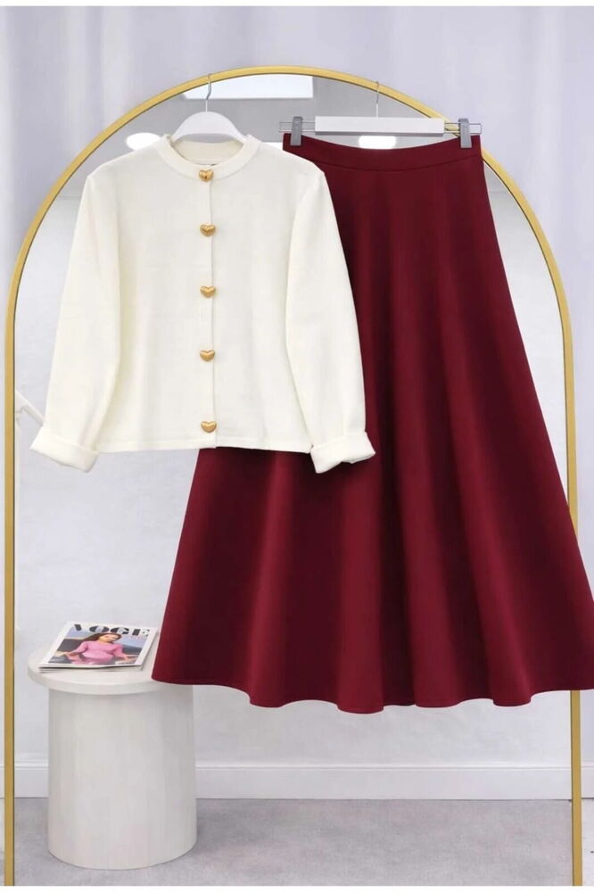 Kalp Düğmeli Scuba Etekli Takım Krem&Bordo