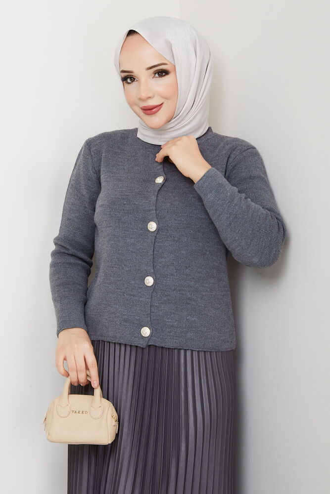 Önü Düğmeli Triko Hırka Gri