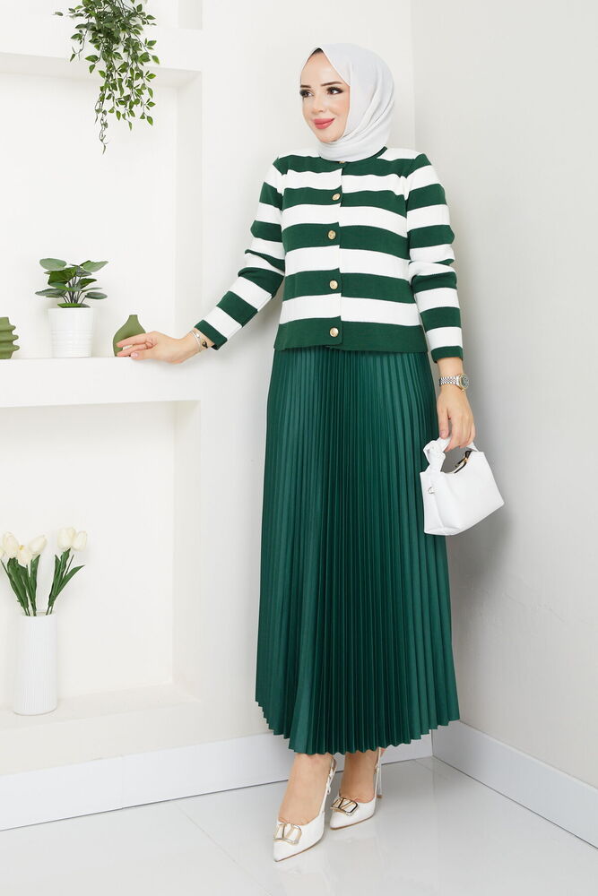 Çizgili Hırkalı Etekli Kombin Zümrüt