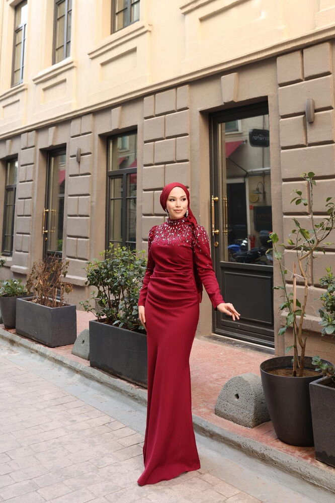 Şanel Taşlı Balık Abiye Bordo