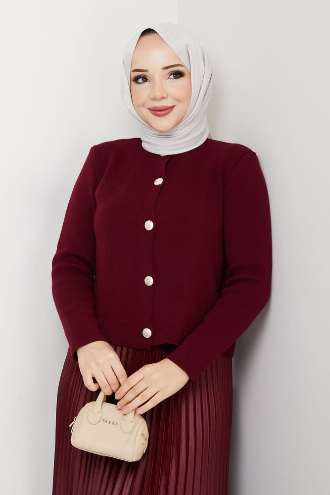 Önü Düğmeli Triko Hırka Bordo