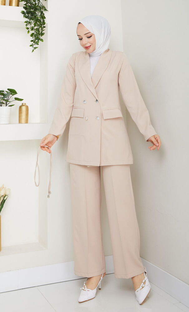 Blazer Ceket Tesettür Takım Krem