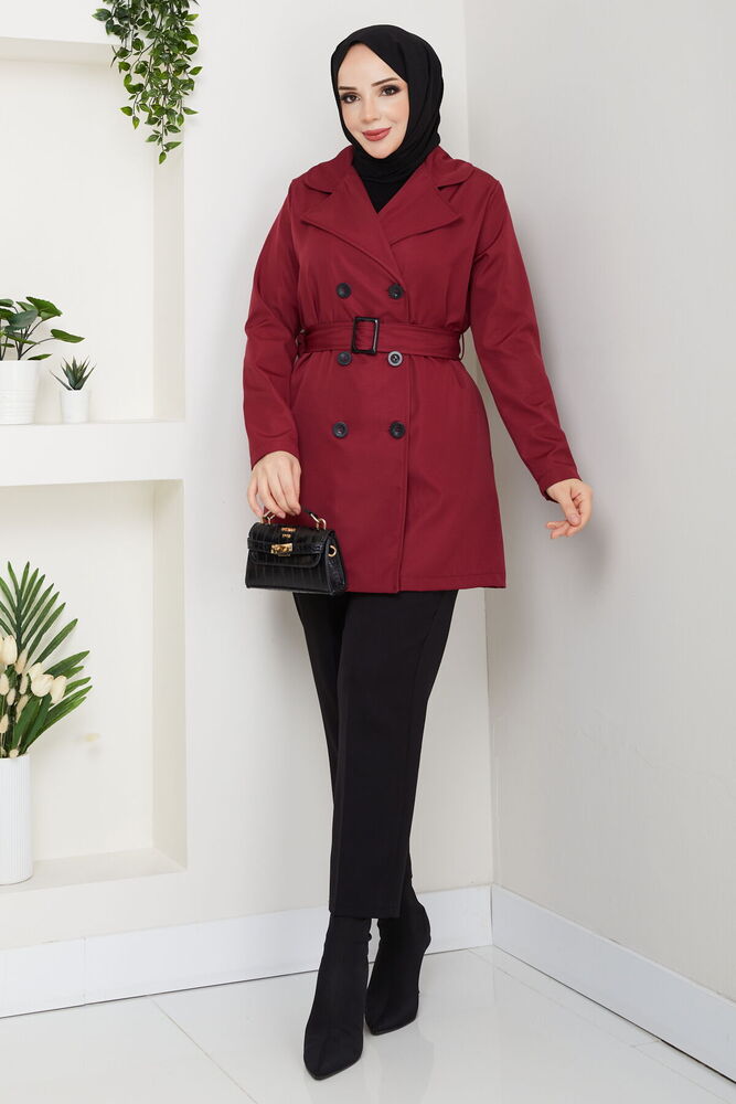 Kemerli Basic Trençkot Bordo
