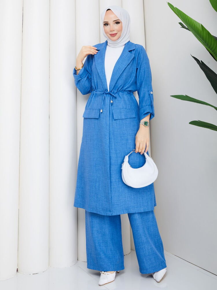 Bağlamalı Uzun Keten Pantolon Takım Mavi
