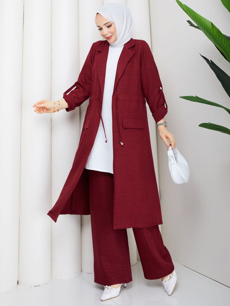 Bağlamalı Uzun Keten Pantolon Takım Bordo