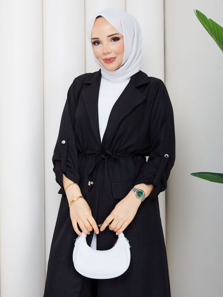 Bağlamalı Uzun Keten Pantolon Takım Siyah