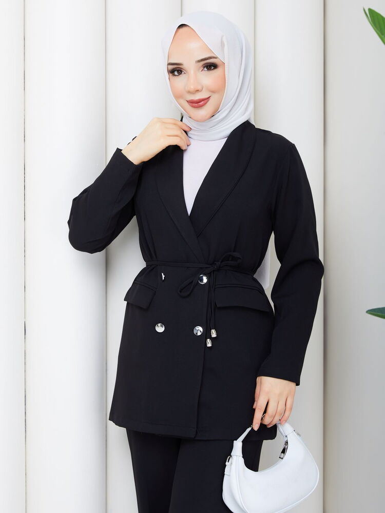 İp Bağlamalı Blazer Ceket Takım Siyah