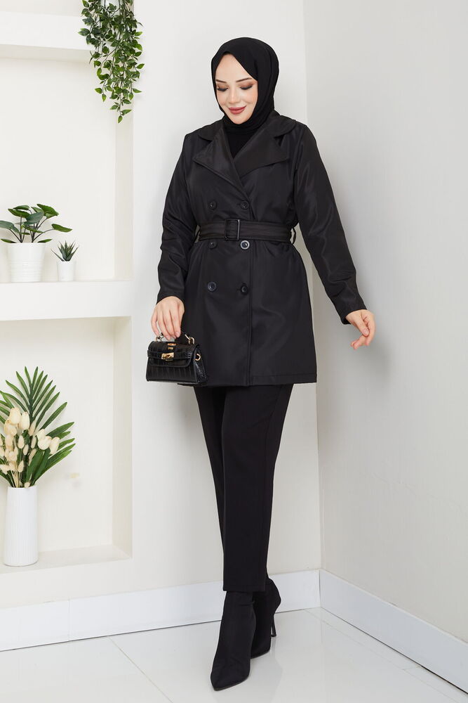 Kemerli Basic Trençkot Siyah