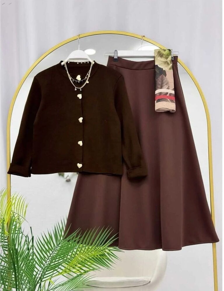 Kalp Düğmeli Scuba Etekli Takım Kahve&Kahve