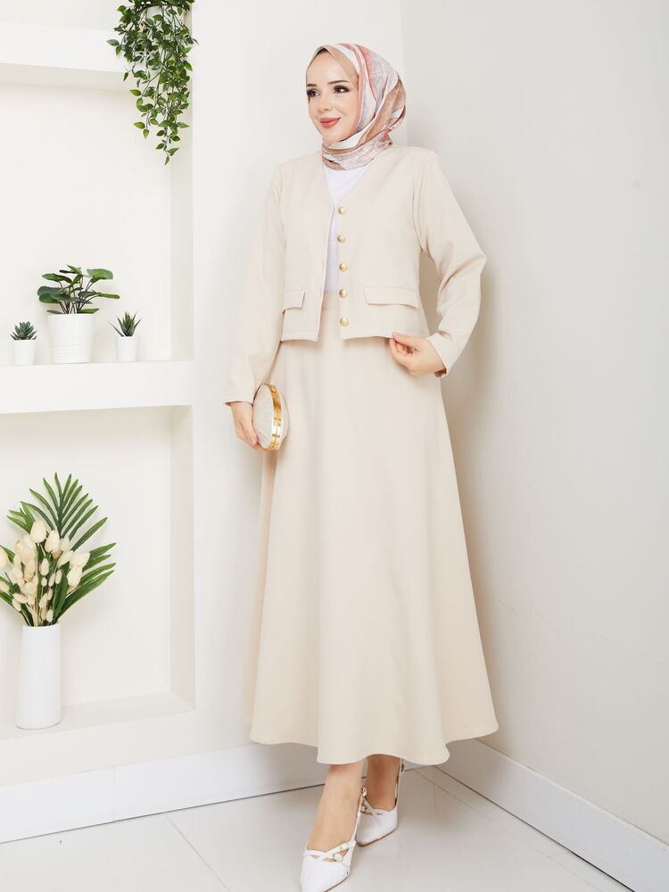 V Yaka Etekli Takım Krem