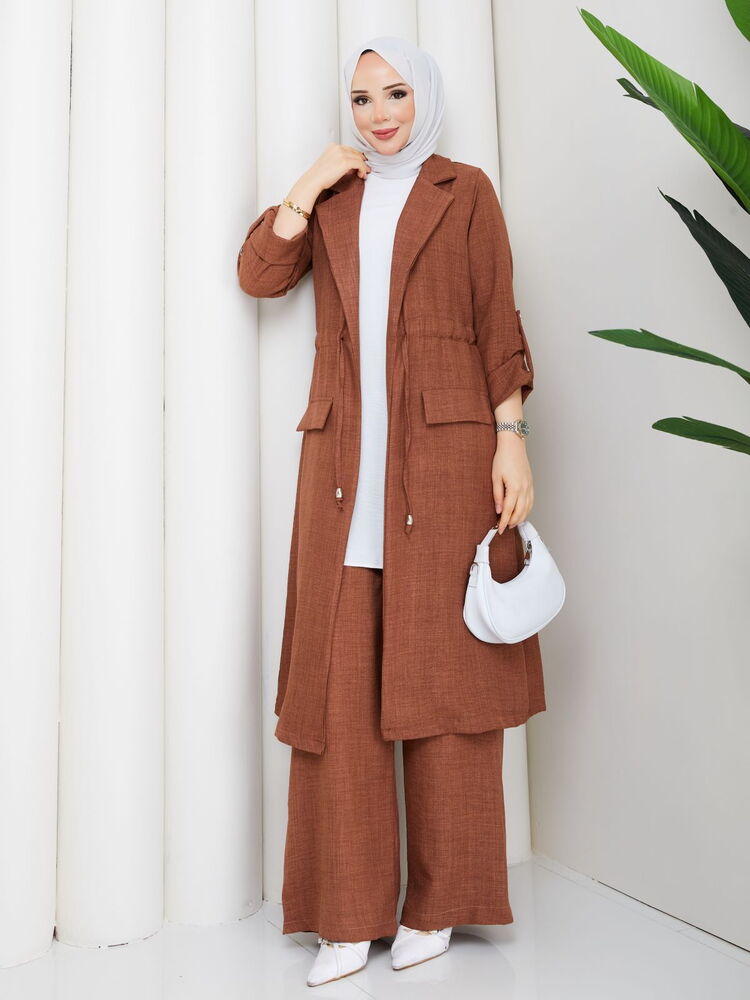 Bağlamalı Uzun Keten Pantolon Takım Taba