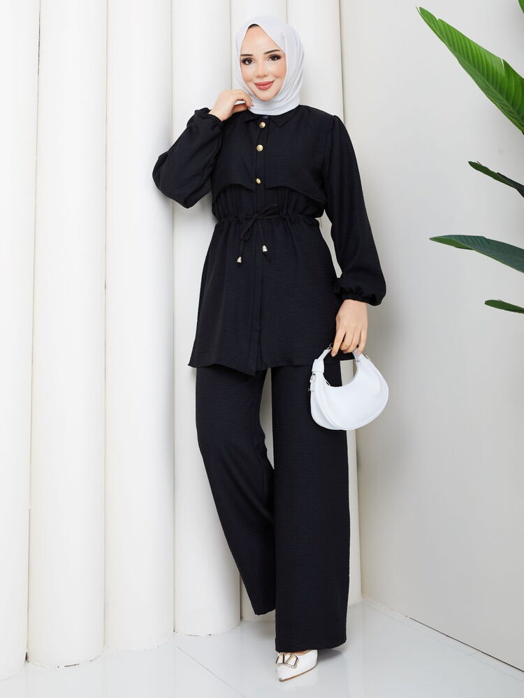 Beli Tünelli Keten Pantolon Takım Siyah