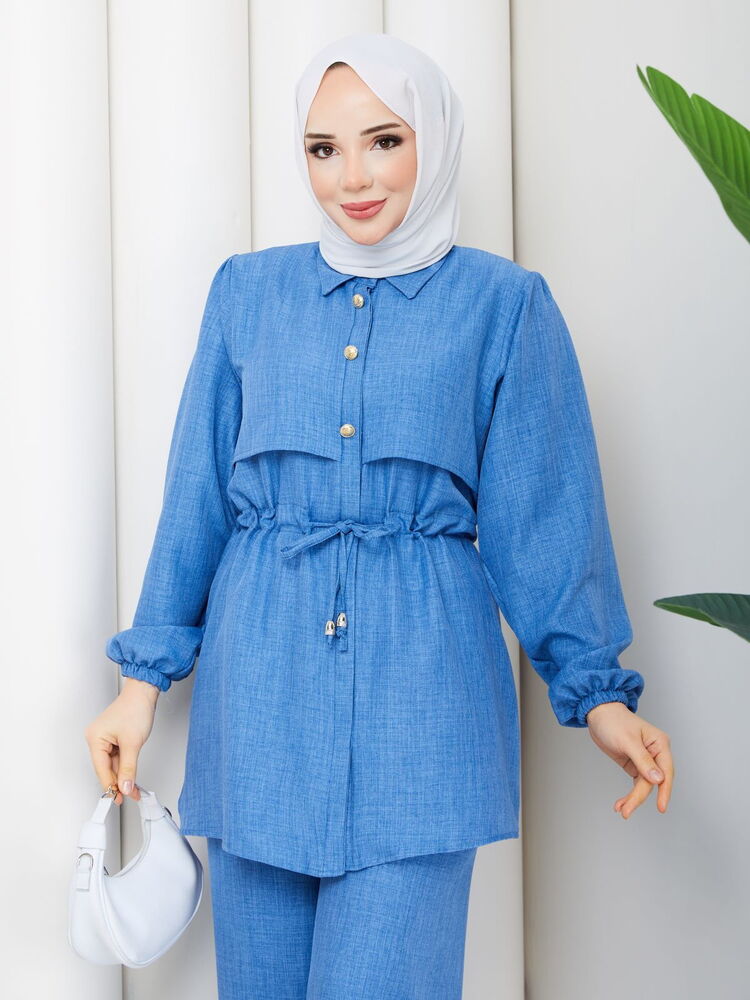 Beli Tünelli Keten Pantolon Takım Mavi