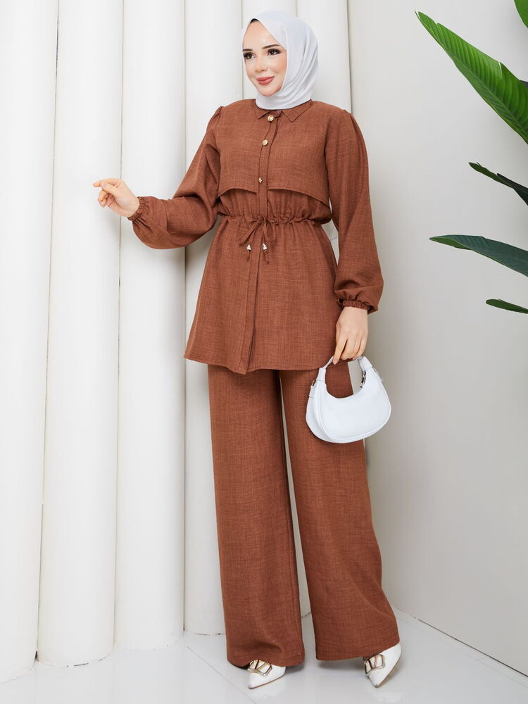 Beli Tünelli Keten Pantolon Takım Taba