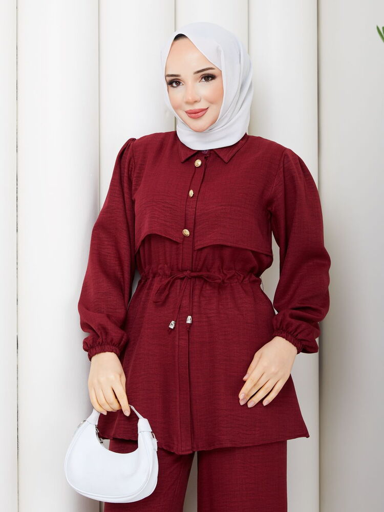 Beli Tünelli Keten Pantolon Takım Bordo