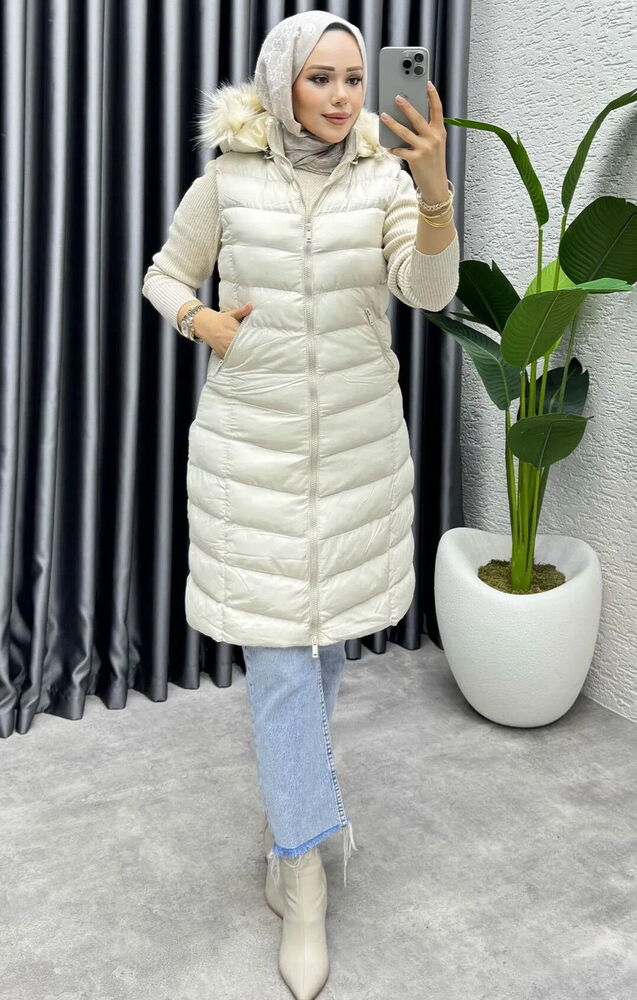 Kapşonu Kürklü Şişme Yelek Taş