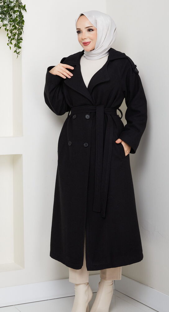 Apoletli Uzun Boy Kaşe Kaban Siyah