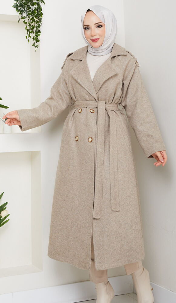 Apoletli Uzun Boy Kaşe Kaban Bej