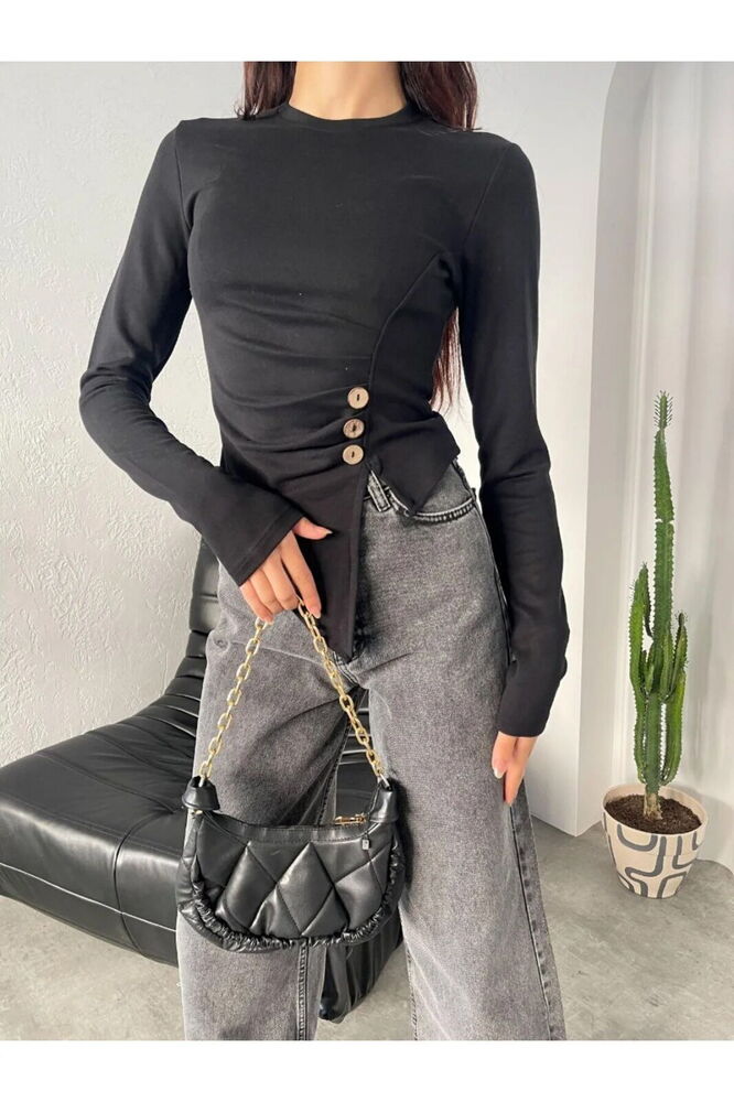 Düğmeli Sandy Bluz Gri