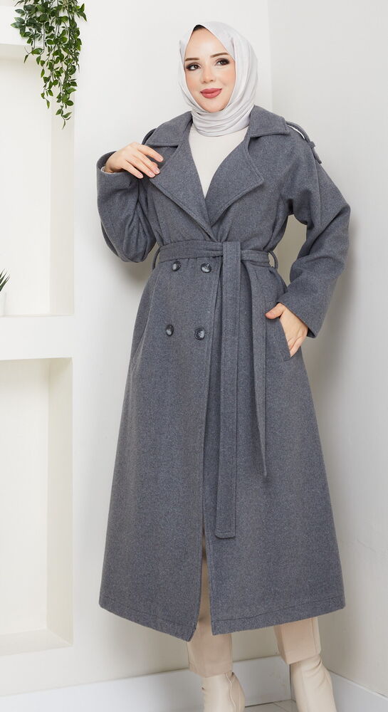 Apoletli Uzun Boy Kaşe Kaban Gri