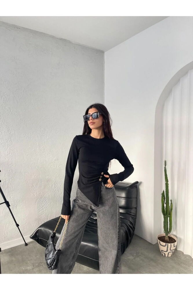 Düğmeli Sandy Bluz Siyah