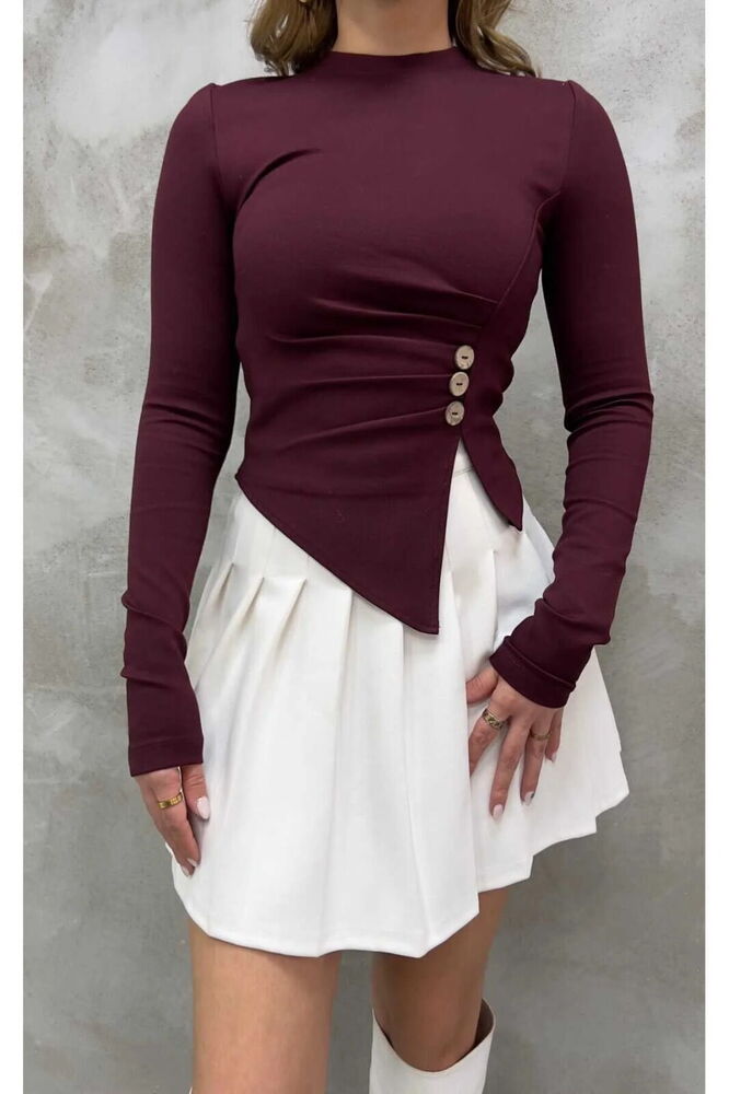 Düğmeli Sandy Bluz Bordo