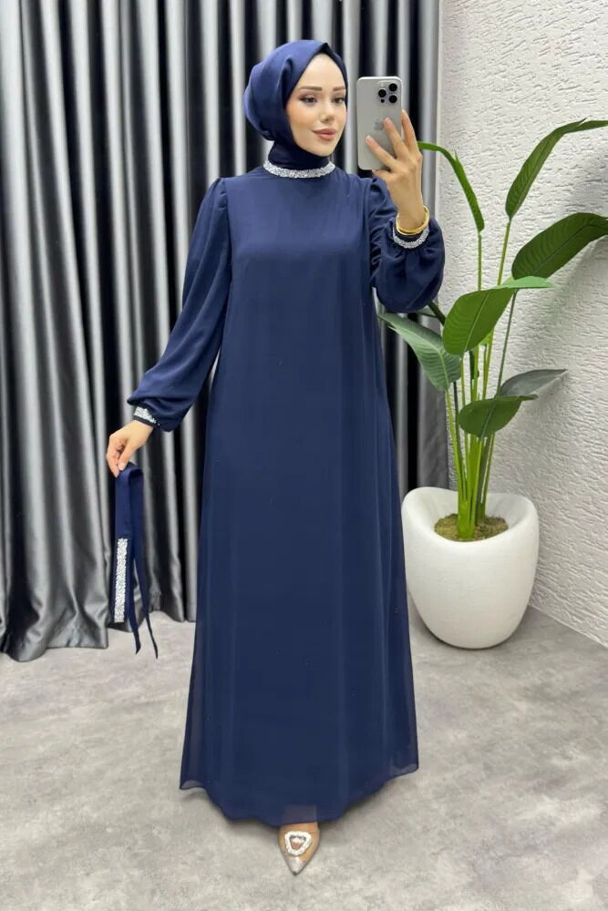 Kemeri Yakası Taşlı Şifon Abiye Laci