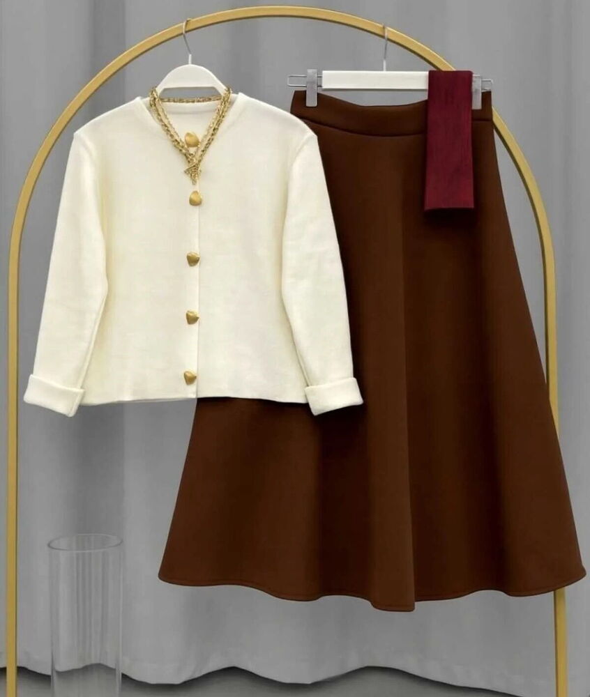 Kalp Düğmeli Scuba Etekli Takım Krem&Kahve