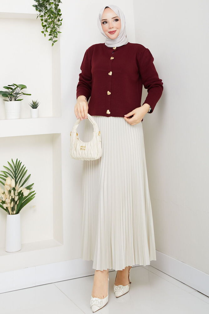 Kalpli Triko Hırkalı Piliseli Etek Takım Bordo