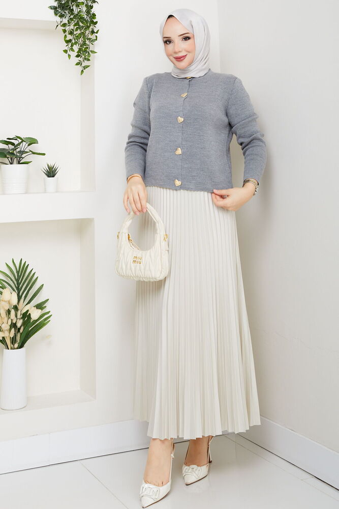 Kalpli Triko Hırkalı Piliseli Etek Takım Gri