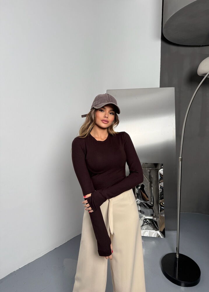 Parmak Detaylı Sandy Bluz Kahve