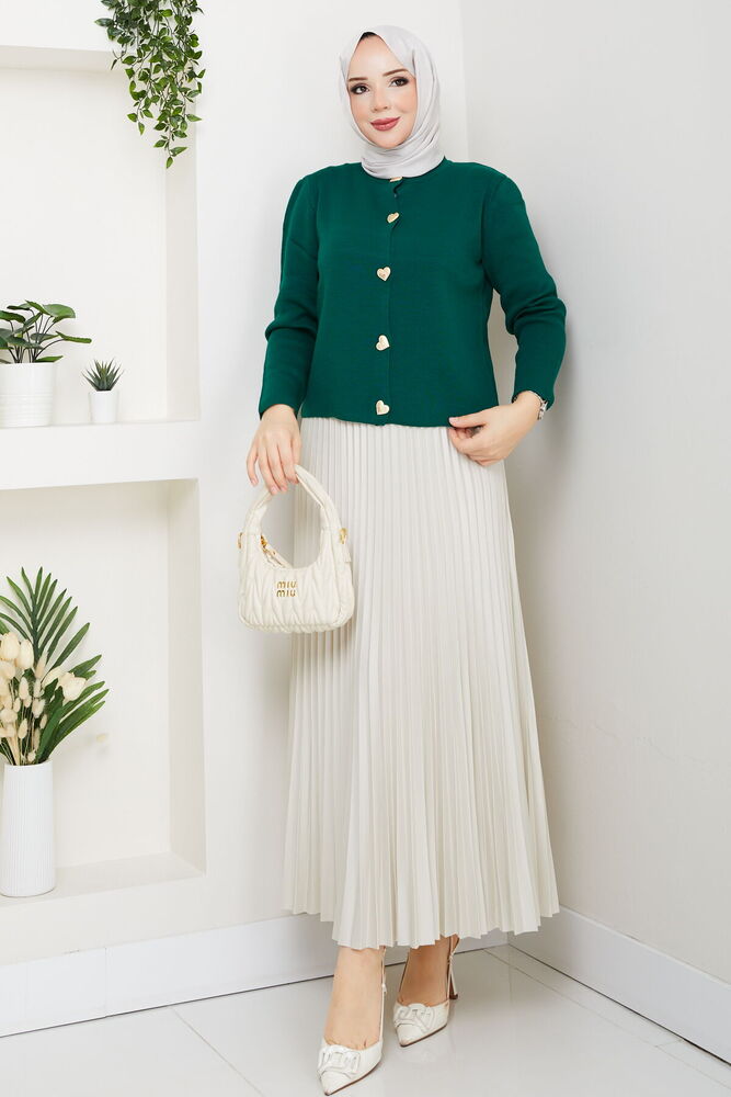 Kalpli Triko Hırkalı Piliseli Etek Takım Zümrüt