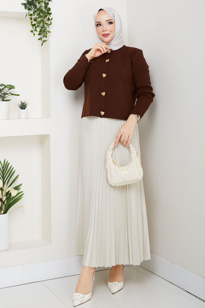 Kalpli Triko Hırkalı Piliseli Etek Takım Kahve