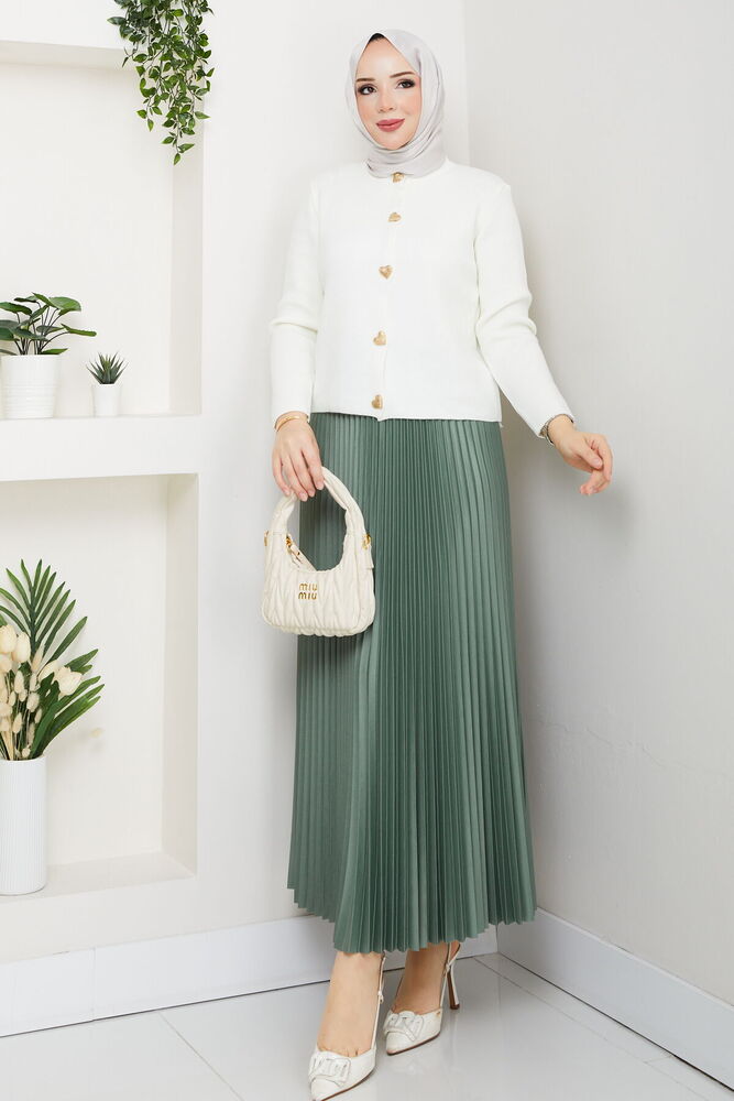 Kalpli Triko Hırkalı Piliseli Etek Takım Beyaz&Mint