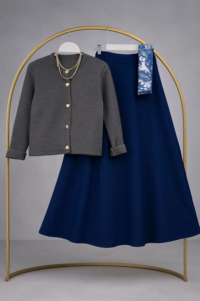 Kalp Düğmeli Scuba Etekli Takım Gri&Laci