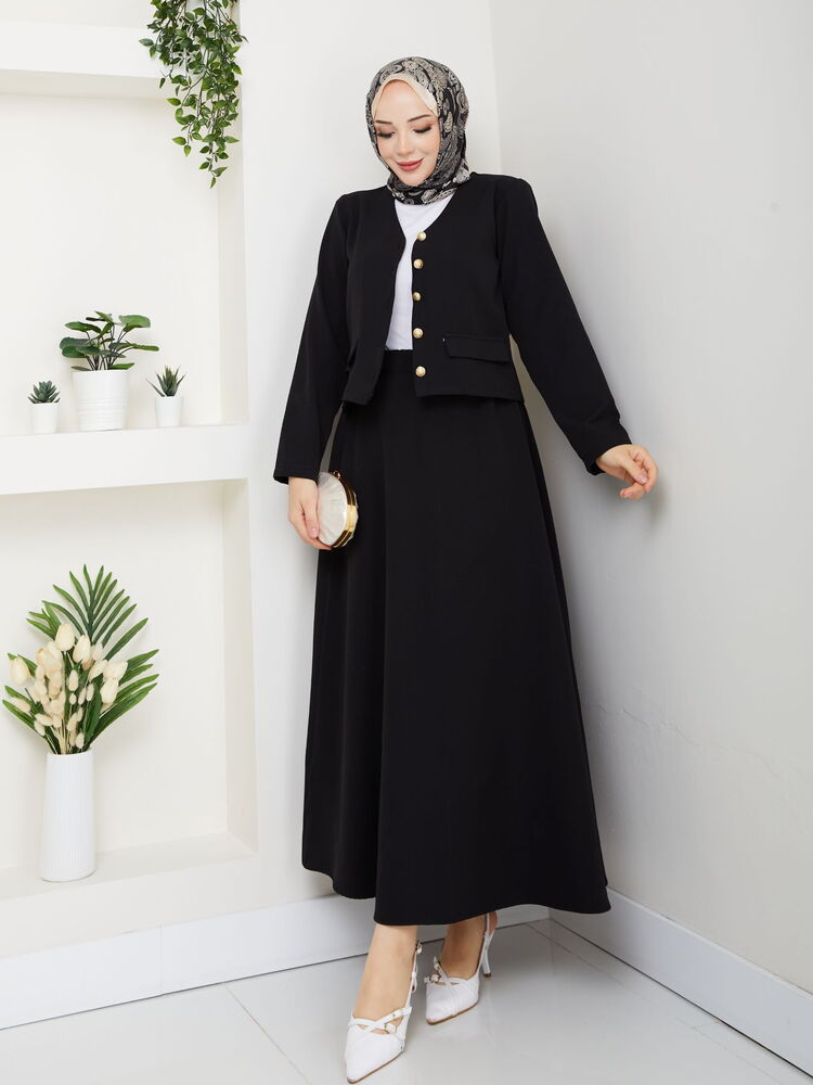 V Yaka Etekli Takım Siyah