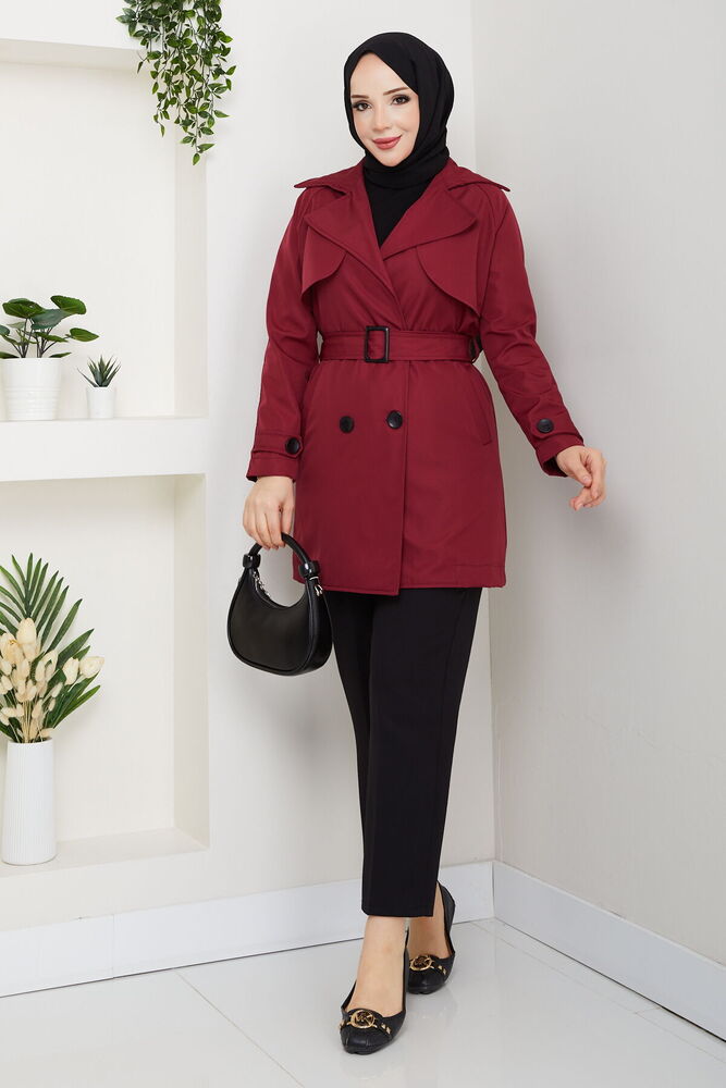 Kruvaze Yaka Trençkot Bordo