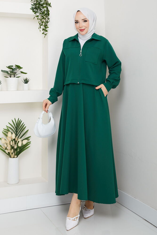 Önü Fermuarlı Etekli Takım Zümrüt